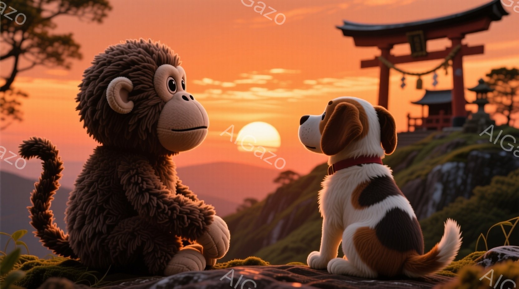 毛むくじゃらの猿とビーグル犬が、夕焼けに照らされた丘の上に並んで座っている。背景には、日本の伝統的な赤い鳥居と、霞んだ山々が広がり、穏やかで温かい雰囲気を作り出している。二匹は互いに向き合い、静かに夕日を眺めている様子が伺える。