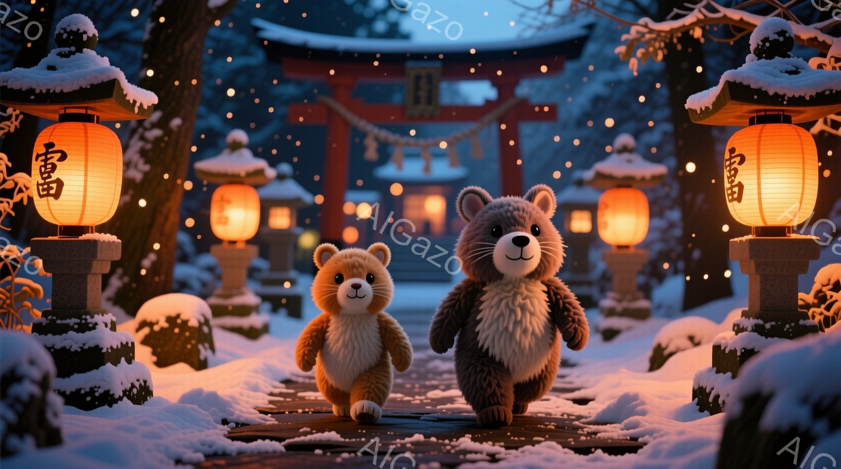 雪が降る中、可愛らしい熊の親子が道を歩いている。彼らは茶色の毛並みで、表情は穏やかで、冬の寺院へと続く雪景色の中、暖かく灯された提灯が幻想的な雰囲気を醸し出している。背景には雪を頂いた建物が見え、静か - AI生成フリー素材