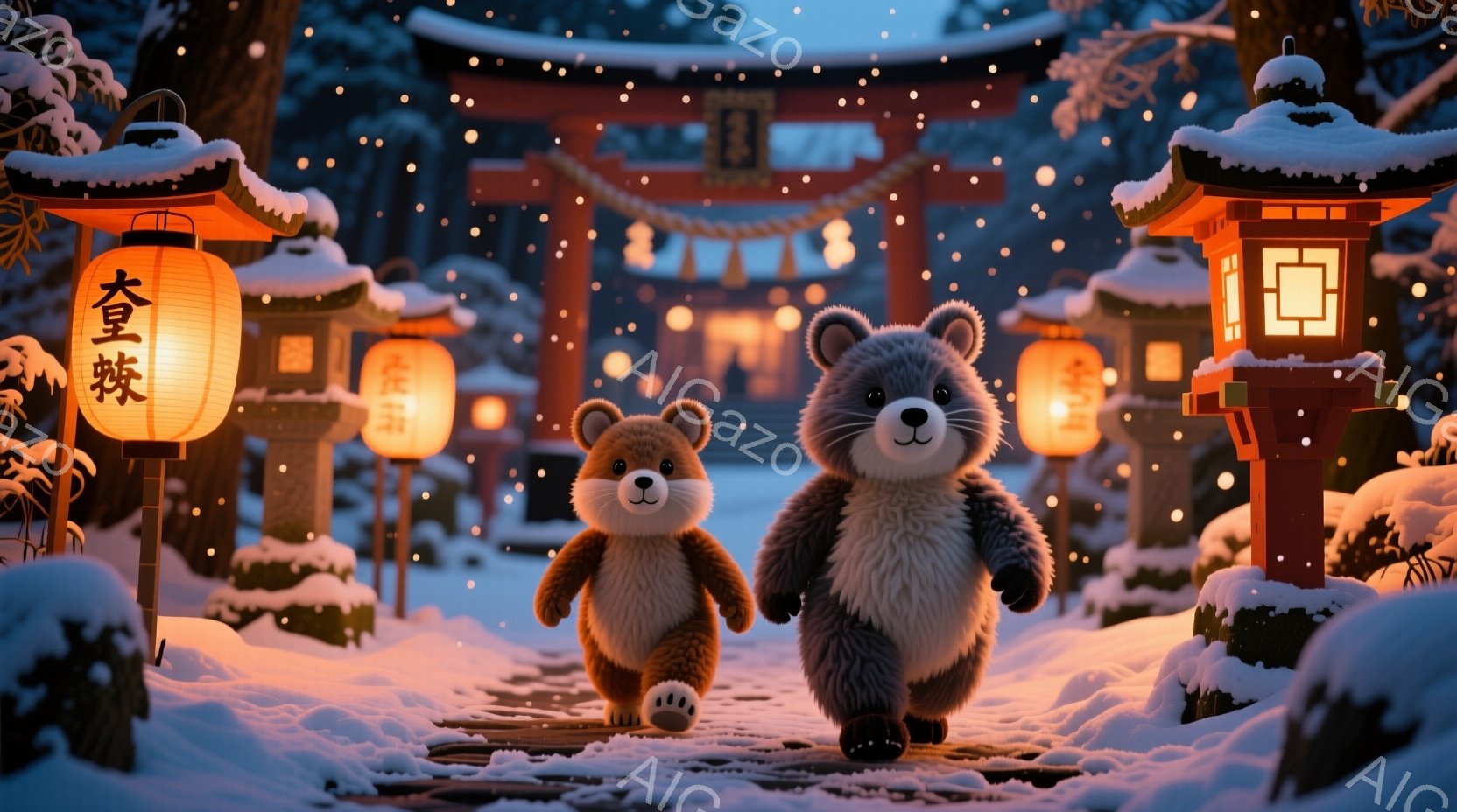 雪が降り積もる中、可愛らしい熊の親子が歩いている様子が描かれています。二匹はそれぞれ茶色と黒の毛並みを持ち、雪道にはっきりと足跡を残しています。背景には雪化粧された鳥居や灯籠が見え、幻想的で穏やかな冬の雰囲気が漂っています。