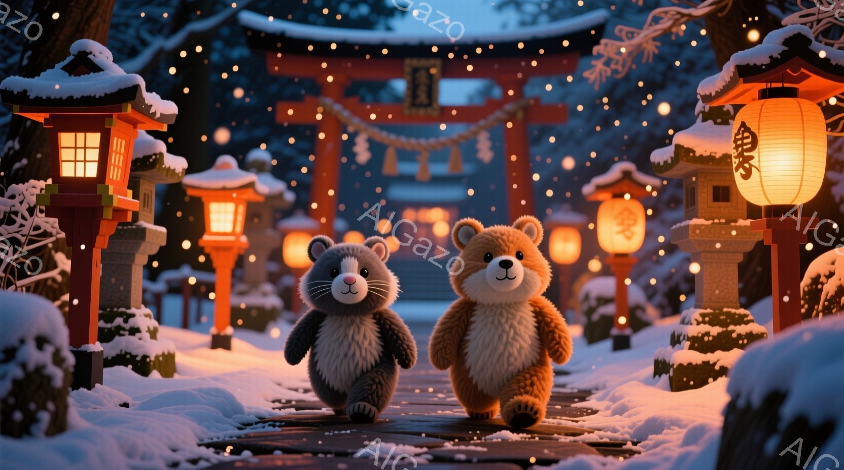 雪が降り積もる中、可愛らしい熊のキャラクターが二人、日本の神社へと続く道を歩いている。黒と茶色の毛並みで、温かみのある表情で、雪景色の中に温かい光が差し込む中、歩みを止めることなく進んでいる。背景には - AI生成フリー素材