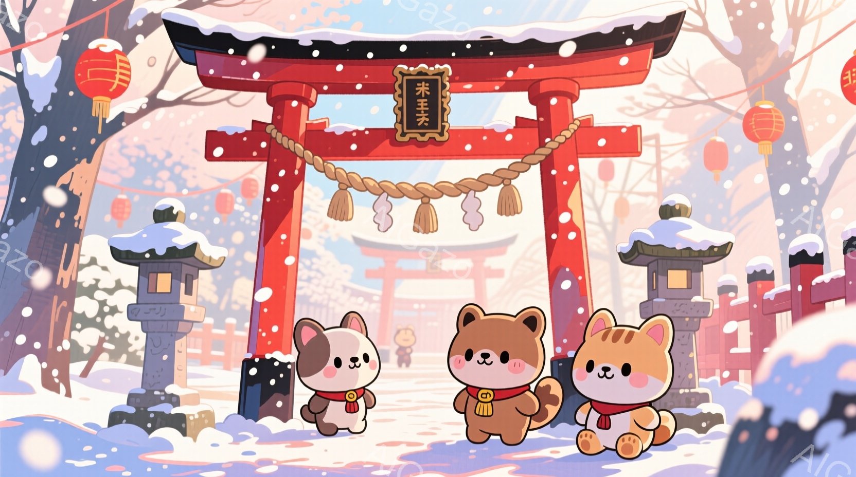 雪が降る中、可愛らしい動物たちが赤い鳥居の下に立っている。彼らはそれぞれ着物を着ており、丸い目にピンクの頬で愛らしい表情をしている。背景には雪で覆われた寺院や提灯が見え、冬の暖かいお祭りや新年を祝う雰 - AI生成フリー素材