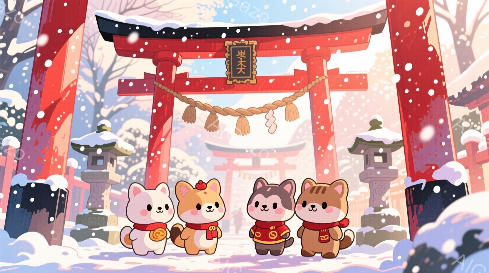 雪が降る中で、可愛らしい子犬たちが並んで歩いています。赤い着物を着て、それぞれ手に提灯を持っており、楽しそうな表情をしています。背景には赤い鳥居と雪景色が広がり、お正月や冬の暖かな雰囲気が漂っています - AI生成フリー素材