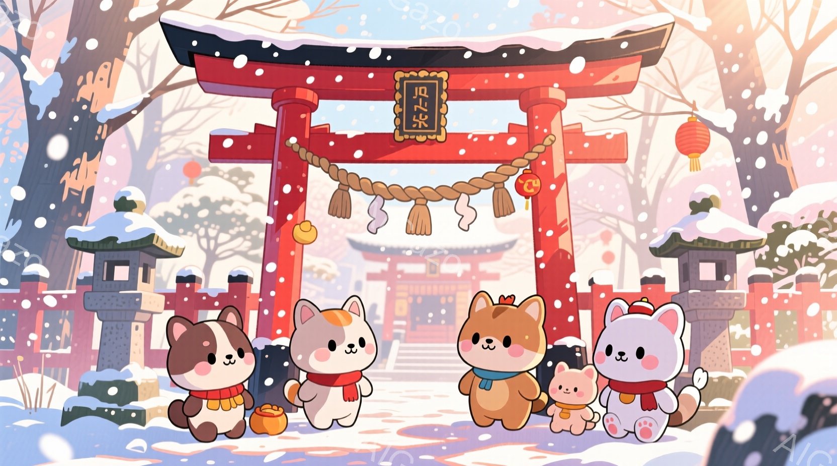 雪が舞う中、可愛らしい犬のキャラクターたちが並んでいます。それぞれ赤いマフラーや帽子、ベストなどを身に着け、楽しそうな表情を浮かべています。背景には雪化粧をした鳥居や建物があり、冬の穏やかで暖かい雰囲気を醸し出しています。