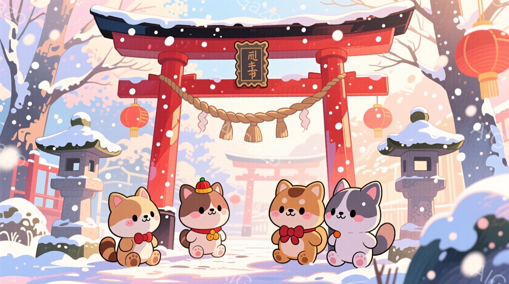 雪景色の中に、可愛らしい犬のキャラクターたちが並んでいます。赤い鳥居と提灯、雪で覆われた建物が背景にあり、キャラクターたちはそれぞれ赤いリボンや帽子を身に着けて、冬らしい装いをしています。全体的に暖か - AI生成フリー素材