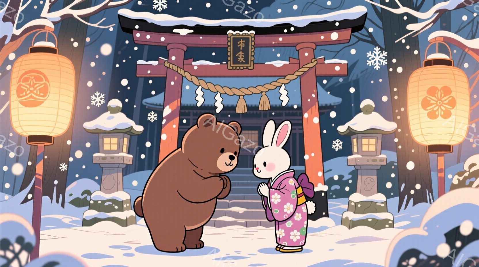 雪が降る中で、クマとウサギが神社で向かい合っています。ウサギはピンクと緑の花柄の着物を着て、髪にリボンをつけて微笑んでいます。背景には雪で覆われた木々と、提灯と石灯籠がある赤い鳥居が描かれており、穏や - AI生成フリー素材