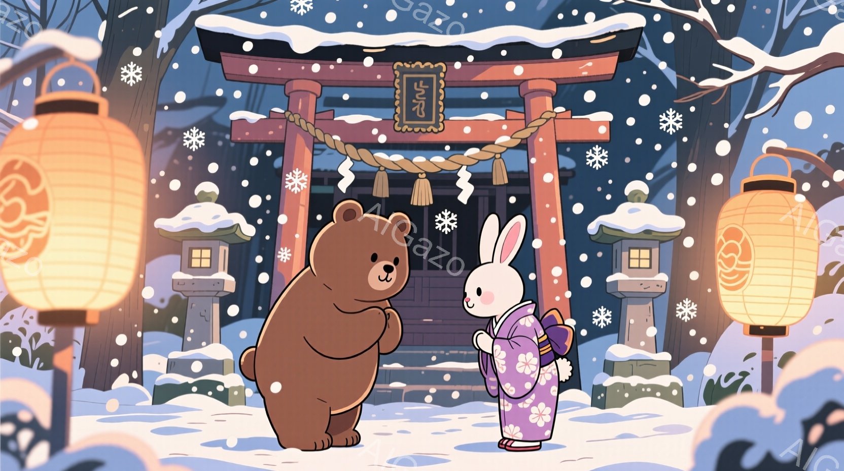 雪が降る中で、クマとウサギが鳥居の前に立っています。ウサギはピンクと水色の花柄の着物を着ており、赤い帯で結ばれています。背景には雪で覆われた木々と赤い提灯があり、冬の穏やかな雰囲気を醸し出しています。 - AI生成フリー素材