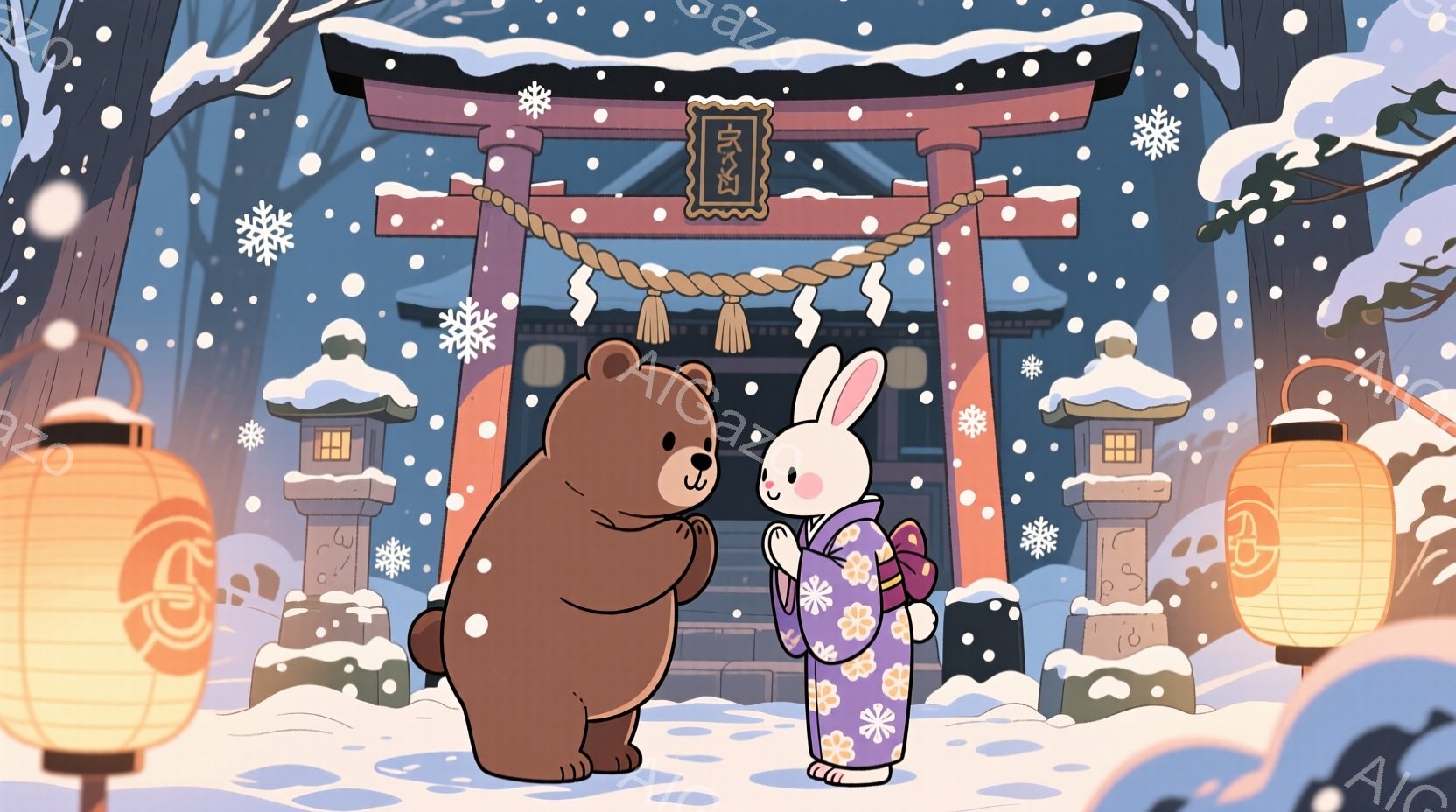 雪が降る中で、クマとウサギが寺の前で向き合っています。ウサギは花柄の着物を着ており、クマは何も着ていません。寺の背景には雪で覆われた松の木と灯籠があり、静かで穏やかな冬の雰囲気が漂っています。 - AI生成フリー素材