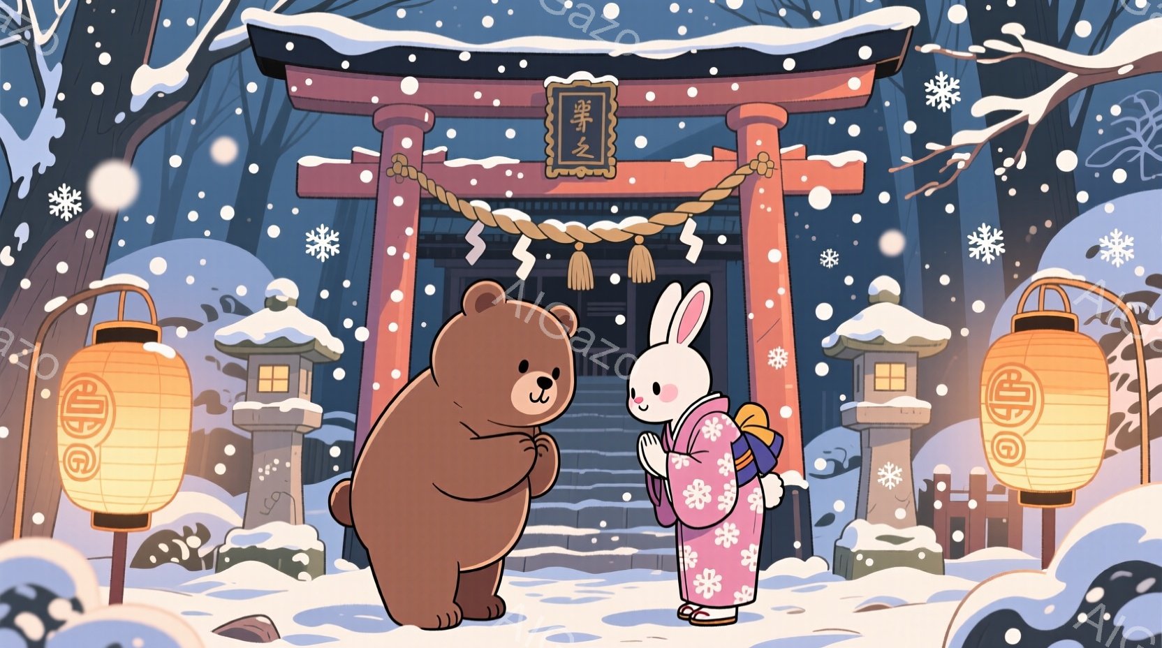 暖炉のような茶色のクマと、ピンクと白の模様の着物を着たうさぎが、雪が降る寺院の前に立っています。うさぎは微笑んでおり、クマはやや控えめな表情をしています。背景には、雪で覆われた建物や木々、そして柔らか - AI生成フリー素材