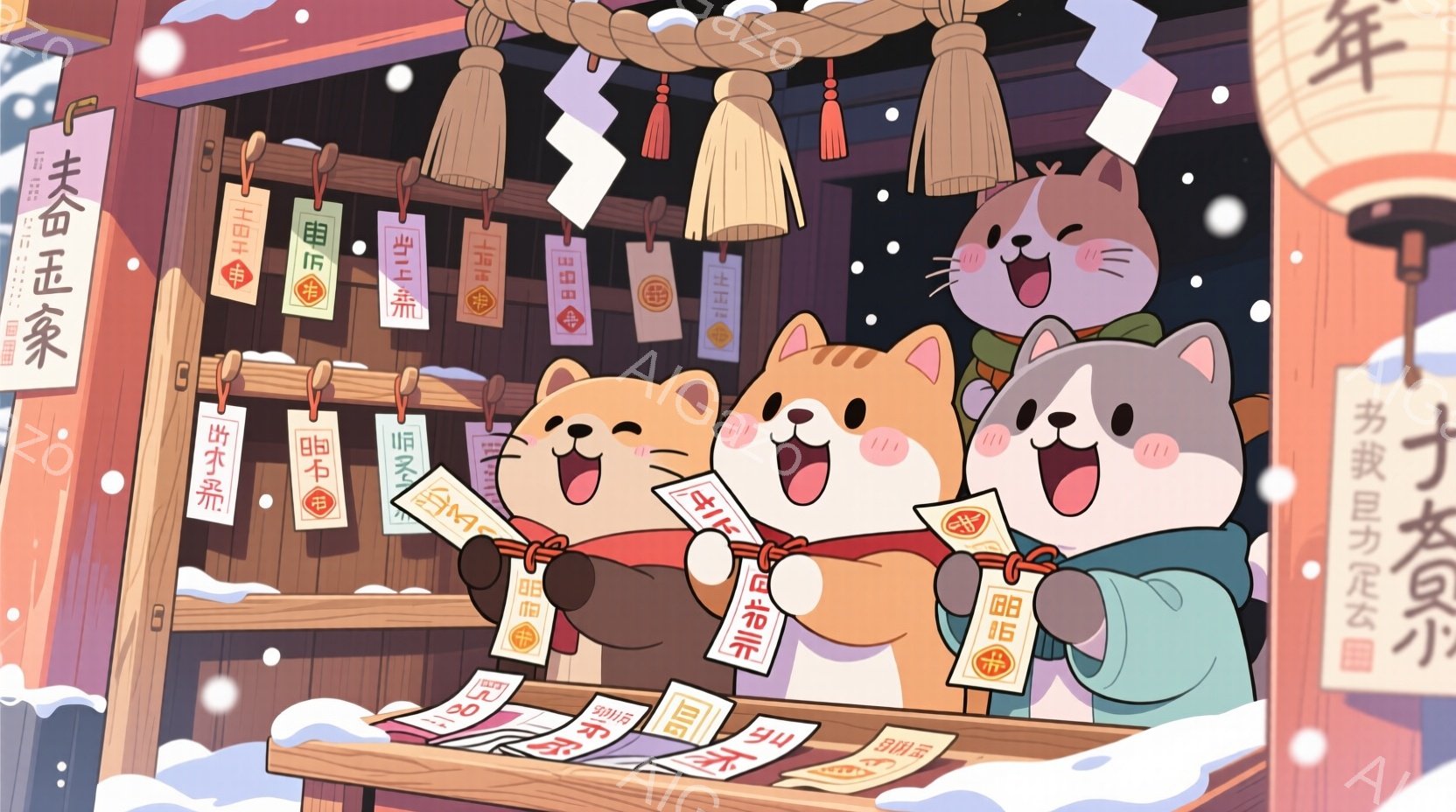 提灯や赤い文字が書かれた木製の看板が飾られた商店街で、縁起の良いお守りを配る猫たちが描かれています。茶色の猫は笑顔で両手を広げ、灰色の猫は嬉しそうに立ち尽くし、明るく賑やかな雰囲気です。背景には雪が舞 - AI生成フリー素材