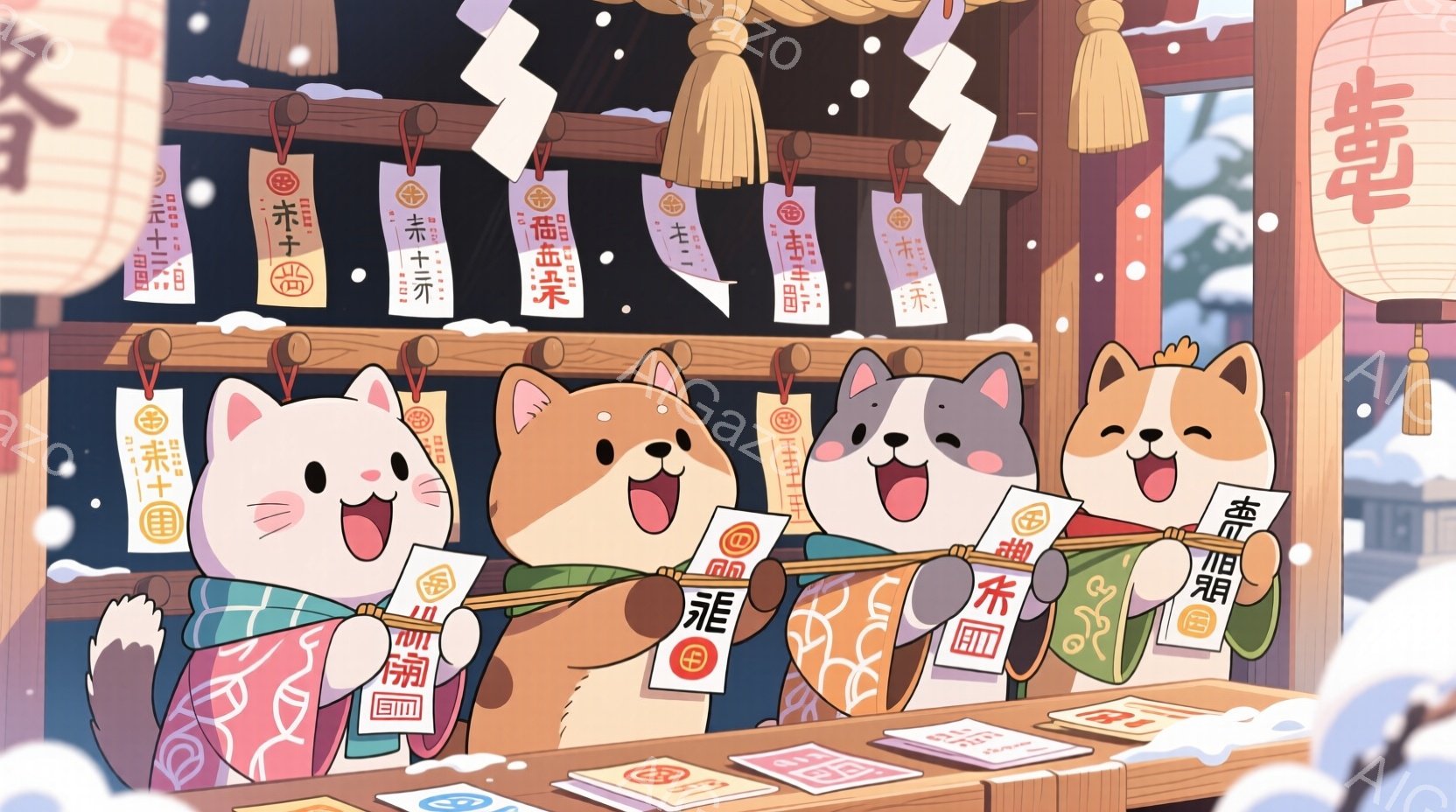 イラストは、新年の装飾が施された屋台に座った猫のグループを描いています。猫たちはそれぞれ異なる色の着物と、赤い紐で結ばれた髷（おだんご）をつけており、楽しそうな表情をしています。背景には雪が降り積もり、提灯（ちょうちん）が飾られ、お正月らしい賑やかな雰囲気が漂っています。