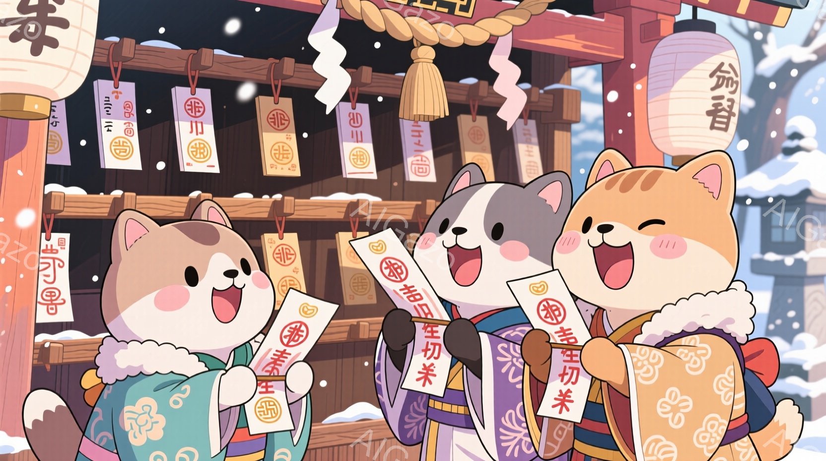 鮮やかな着物を着た猫たちが、提灯が並ぶ古い町並みを背景に楽しそうに立っています。猫たちはそれぞれ異なる色の着物を身に着け、笑顔で手を広げ、お祭り気分を盛り上げています。背景には雪が舞い、冬の夜の暖かく賑やかな雰囲気が伝わってきます。