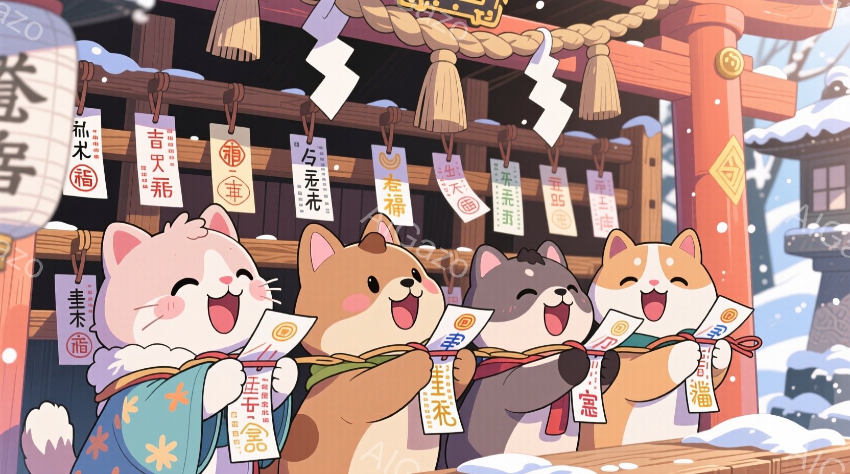 着物を着た可愛らしい猫たちが並んでいます。猫たちはそれぞれ赤い首飾りをつけ、楽しそうに口を開けています。背景には寺院のような建物、提灯、そして雪が舞う冬の景色が描かれ、お祭りや伝統的な雰囲気を醸し出しています。