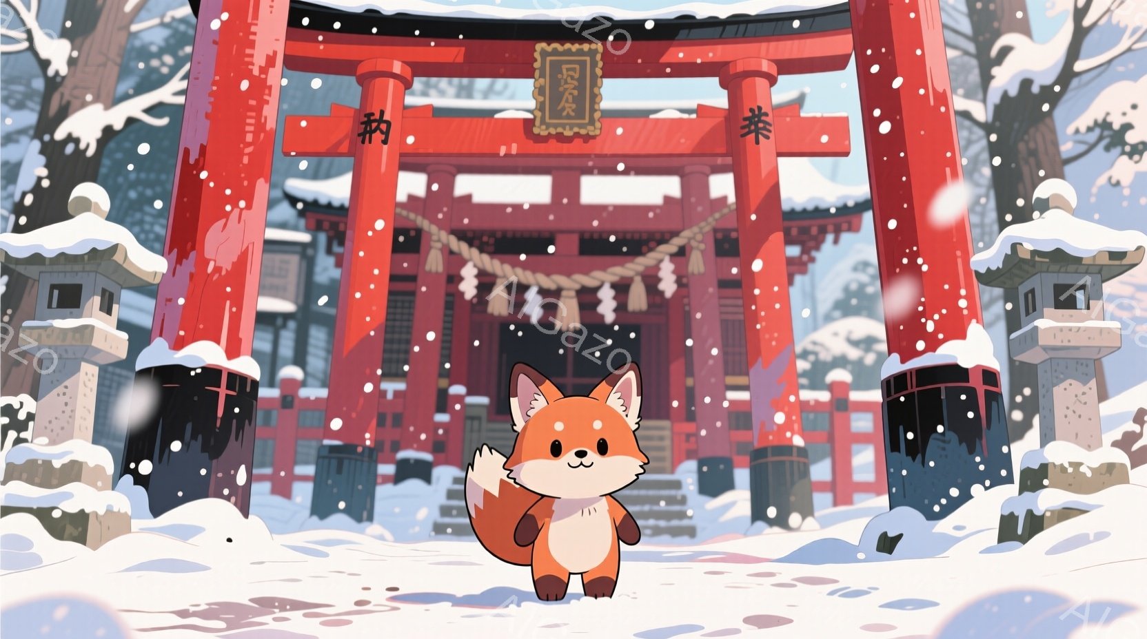 雪が降る中で、可愛らしいキツネが赤い鳥居の前に立っている。キツネは白いお腹と茶色の毛並みで、嬉しそうな表情で前を見つめている。背景には雪に覆われた神社と木々があり、幻想的で温かい雰囲気を醸し出している - AI生成フリー素材
