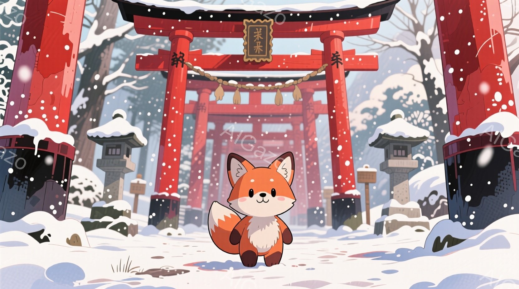 雪が降り積もる中、可愛らしいキツネが赤い鳥居の前に立っている。キツネは白いお腹とふわふわの尾を持ち、少し微笑んでいるように見える。背景には、雪景色の中に日本の伝統的な建物が見え、全体的に温かく、幻想的 - AI生成フリー素材