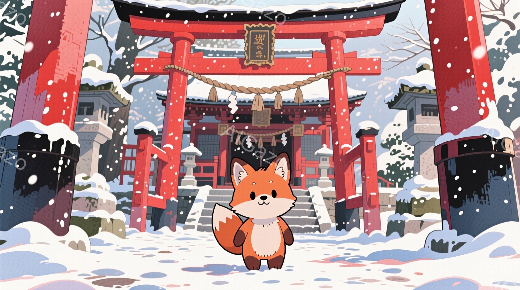 鮮やかな朱色の鳥居が雪景色の中にそびえ立ち、その手前には愛らしいキツネが立っている。キツネは雪の中で少し首をかしげており、好奇心といたずらっぽさが表情から読み取れる。背景には伝統的な日本の建物が見え、 - AI生成フリー素材