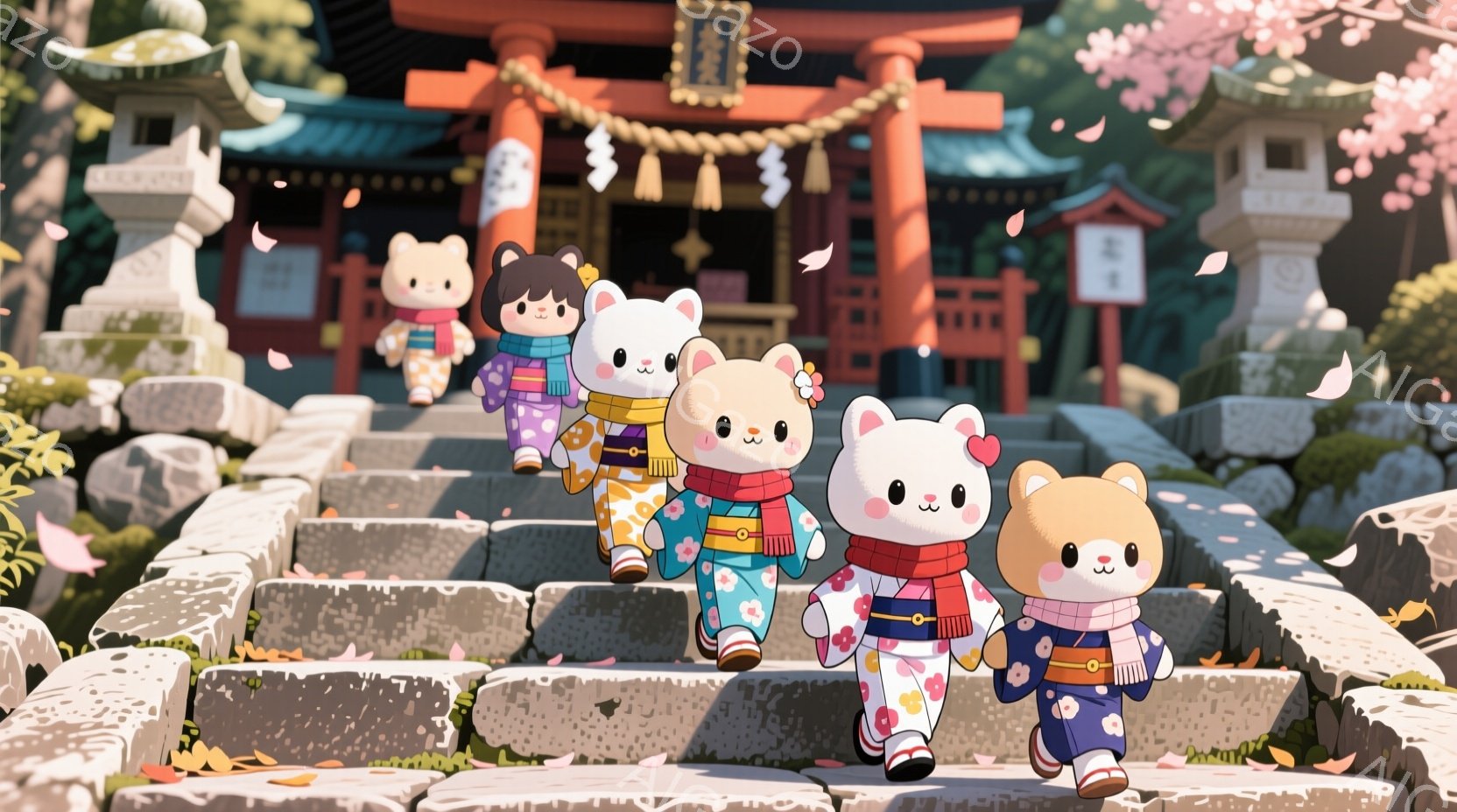 鳥居と石段を持つ神社の前に、着物を着たクマのキャラクターたちが並んで歩いている様子が描かれています。キャラクターたちは皆、笑顔で、それぞれ異なる色と柄の着物を着ており、可愛らしい印象を与えます。背景には桜の花びらが舞い、穏やかで春らしい雰囲気を醸し出しています。