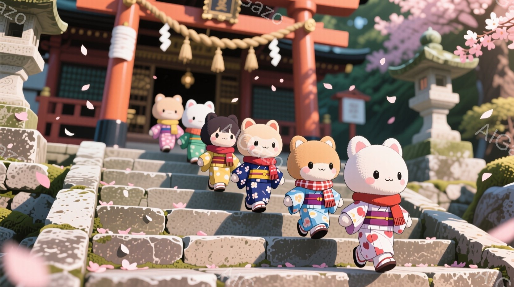 桜の花びらが舞う中、神社へと続く石段を歩くクマのキャラクターたちが描かれています。彼らはそれぞれ異なるデザインの着物を着ており、明るい表情で楽しそうに歩いています。背景には鮮やかな朱色の神社が見え、石段の周りには緑豊かな自然が広がっており、穏やかで温かい雰囲気が漂っています。