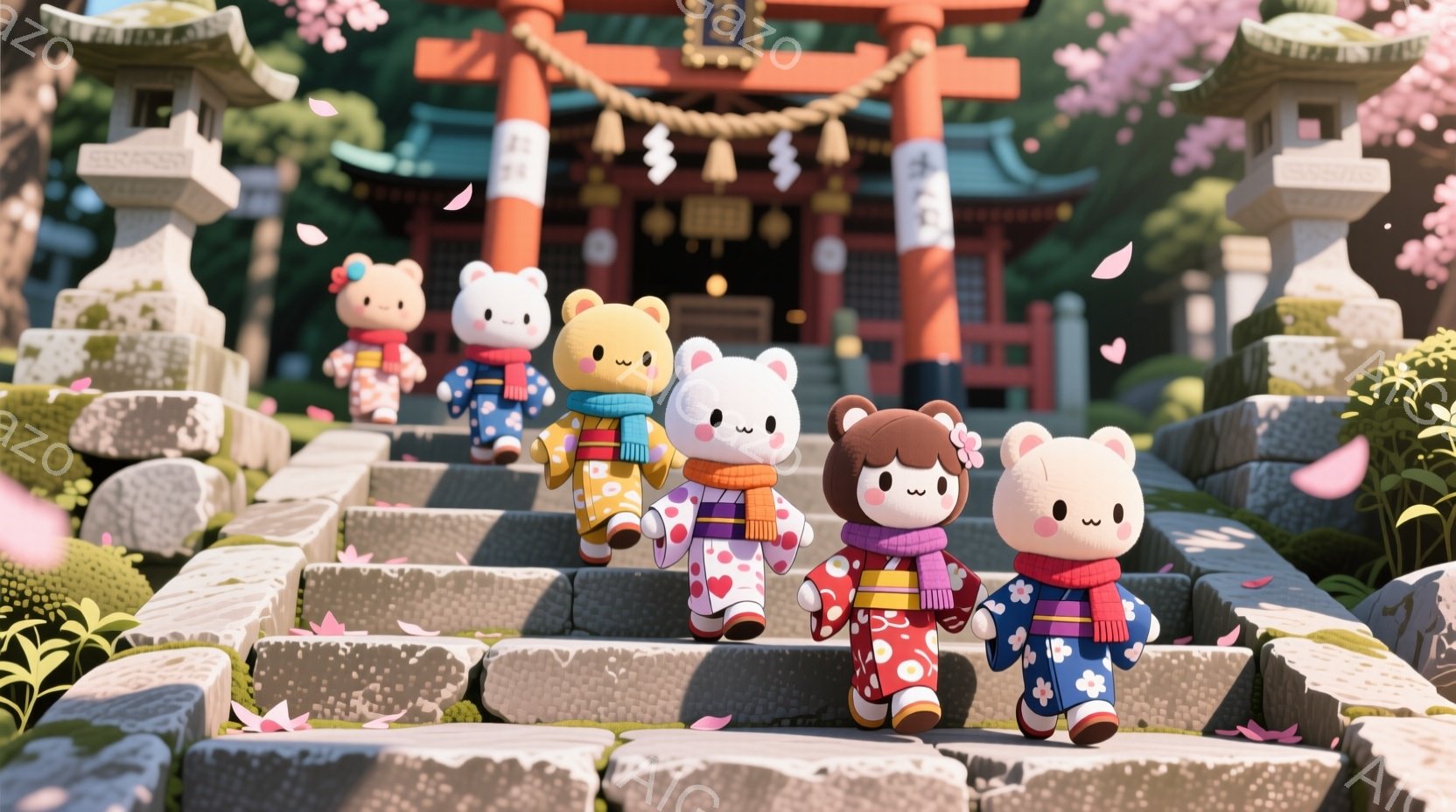 朱色の神社の階段を下りてくる、可愛らしいクマのぬいぐるみが5体描かれています。それぞれ異なる色の着物を着ており、一部には髪飾りもついています。背景には緑豊かな植物、桜の花びら、そして伝統的な石灯籠があり、穏やかで幻想的な雰囲気を醸し出しています。