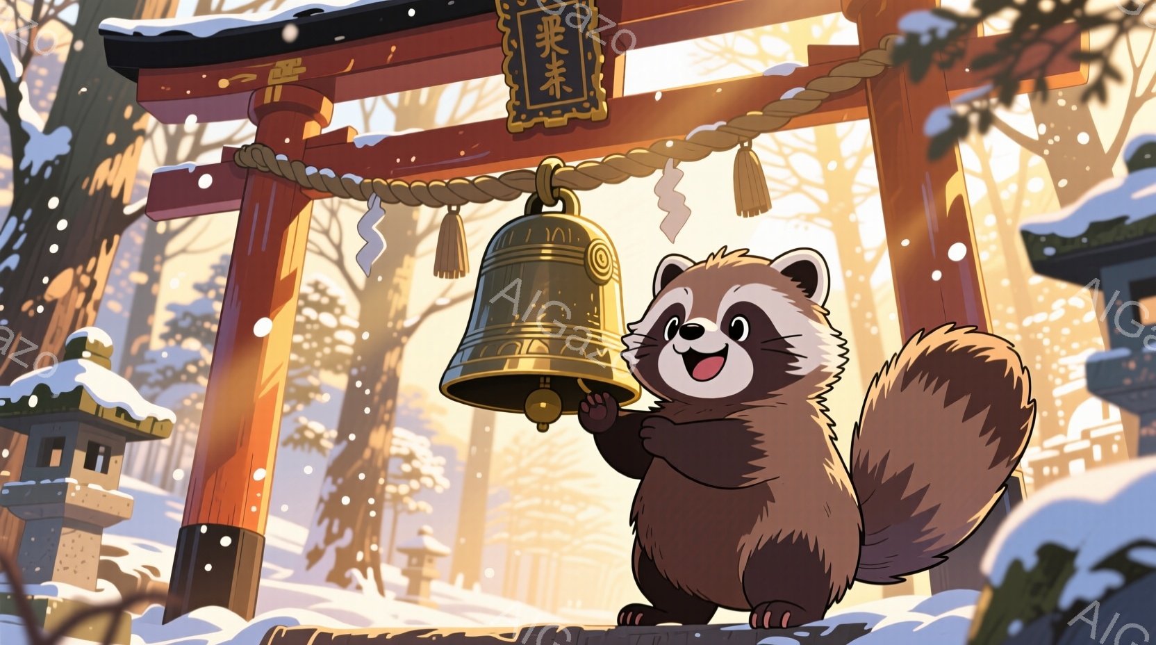 雪が降り積もる冬の風景の中に、可愛らしいタヌキが描かれています。タヌキは赤い鳥居の下で、嬉しそうに金色の鐘を両手で高く掲げています。背景には雪化粧した建物と木々が見え、全体的に暖かく、幸せな雰囲気を醸し出しています。