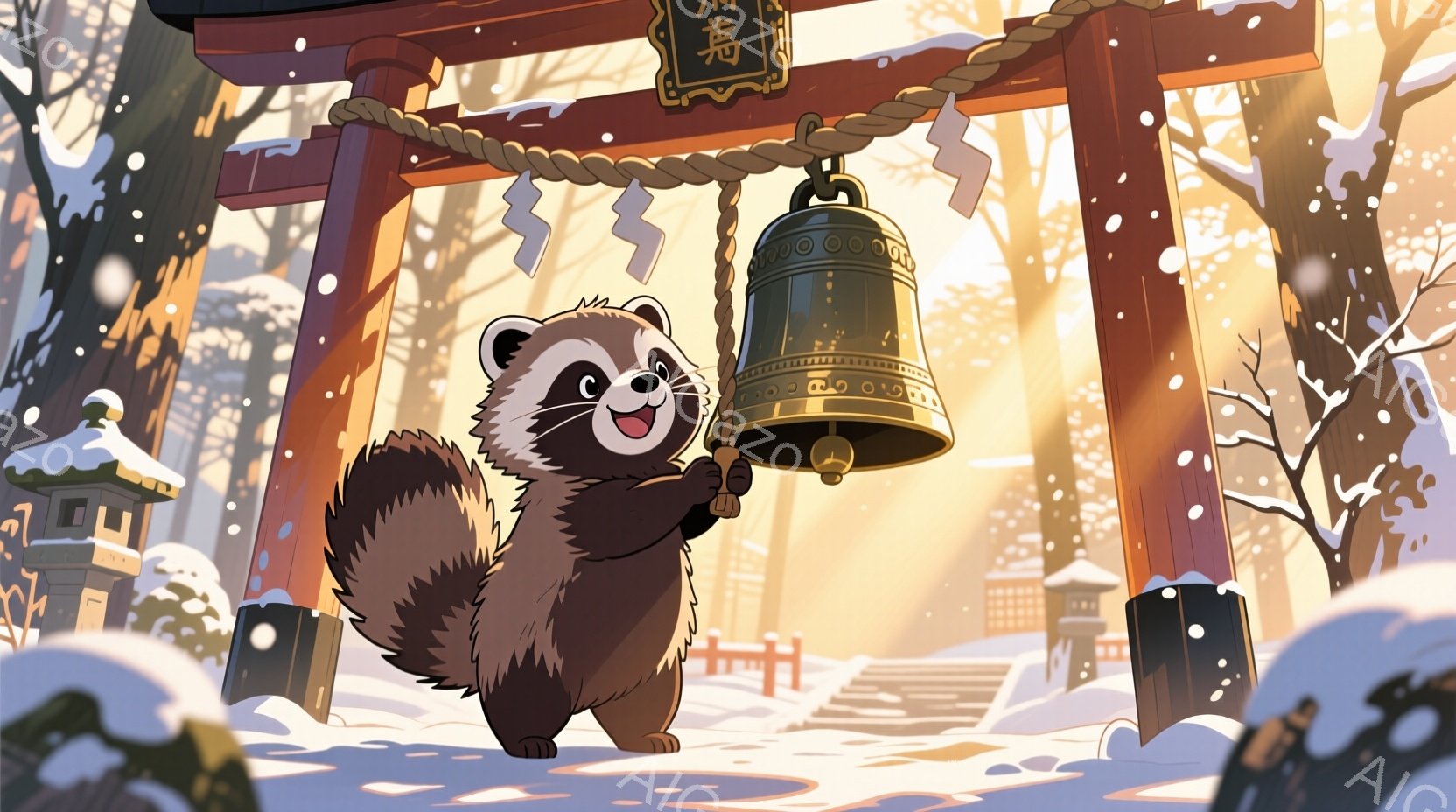 雪が舞う冬の寺院の前に、可愛らしいアライグマが立っている。アライグマは毛並みの良い茶色の毛並みで、大きな鐘の綱を両手で握り、嬉しそうに鐘を鳴らそうとしている。背景には、雪化粧された赤い鳥居や寺院の建物が見え、幻想的で温かい雰囲気を醸し出している。