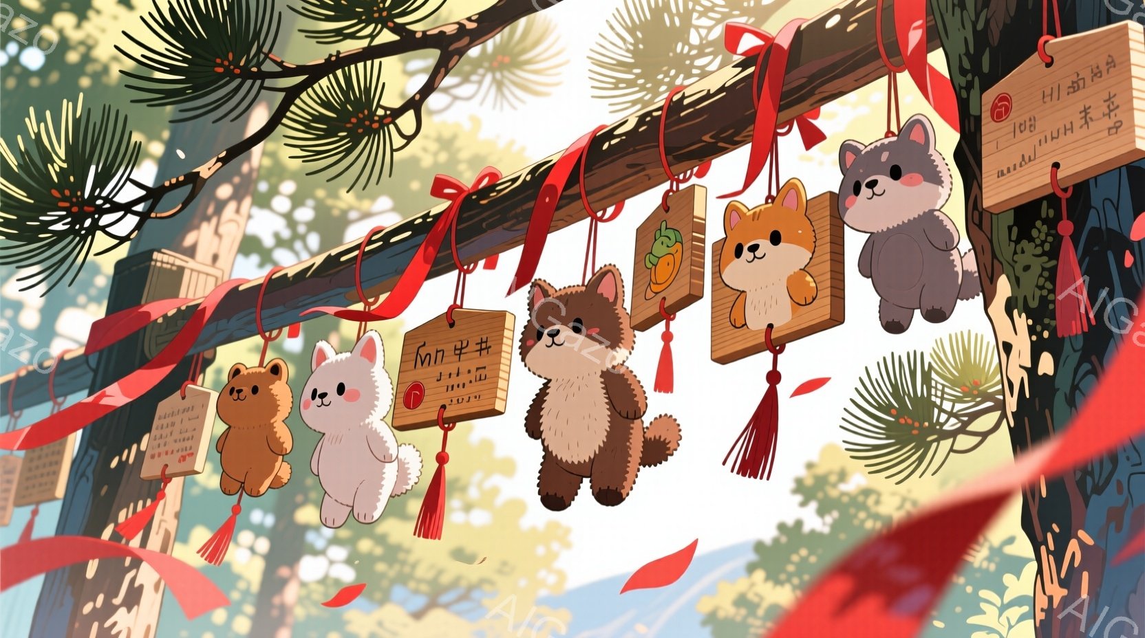 赤いリボンで飾られた木の枝に吊るされた、様々な動物の小さな木札（絵馬）が描かれています。各絵馬には可愛らしい動物のイラストが描かれており、クマ、ウサギ、イヌ、ネコなど、異なる種類の動物がいます。背景には緑豊かな木々と空が見え、穏やかで祝祭的な雰囲気が漂っています。