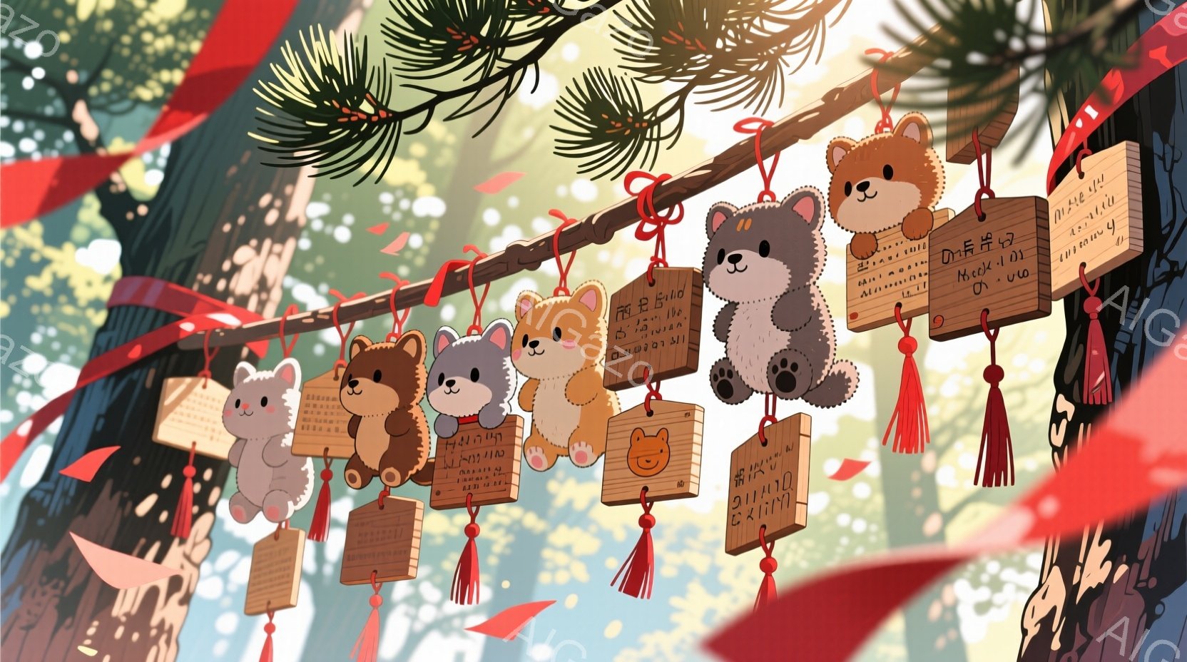様々な色の可愛らしいクマのぬいぐるみたちが、木から吊るされた絵馬にぶら下がっています。それぞれの絵馬には、日本語で書かれた願い事が書かれており、暖かく、お祭りらしい雰囲気が漂っています。背景にはぼやけた赤い提灯と緑の木々が見え、穏やかで祝福的な情景が描かれています。
