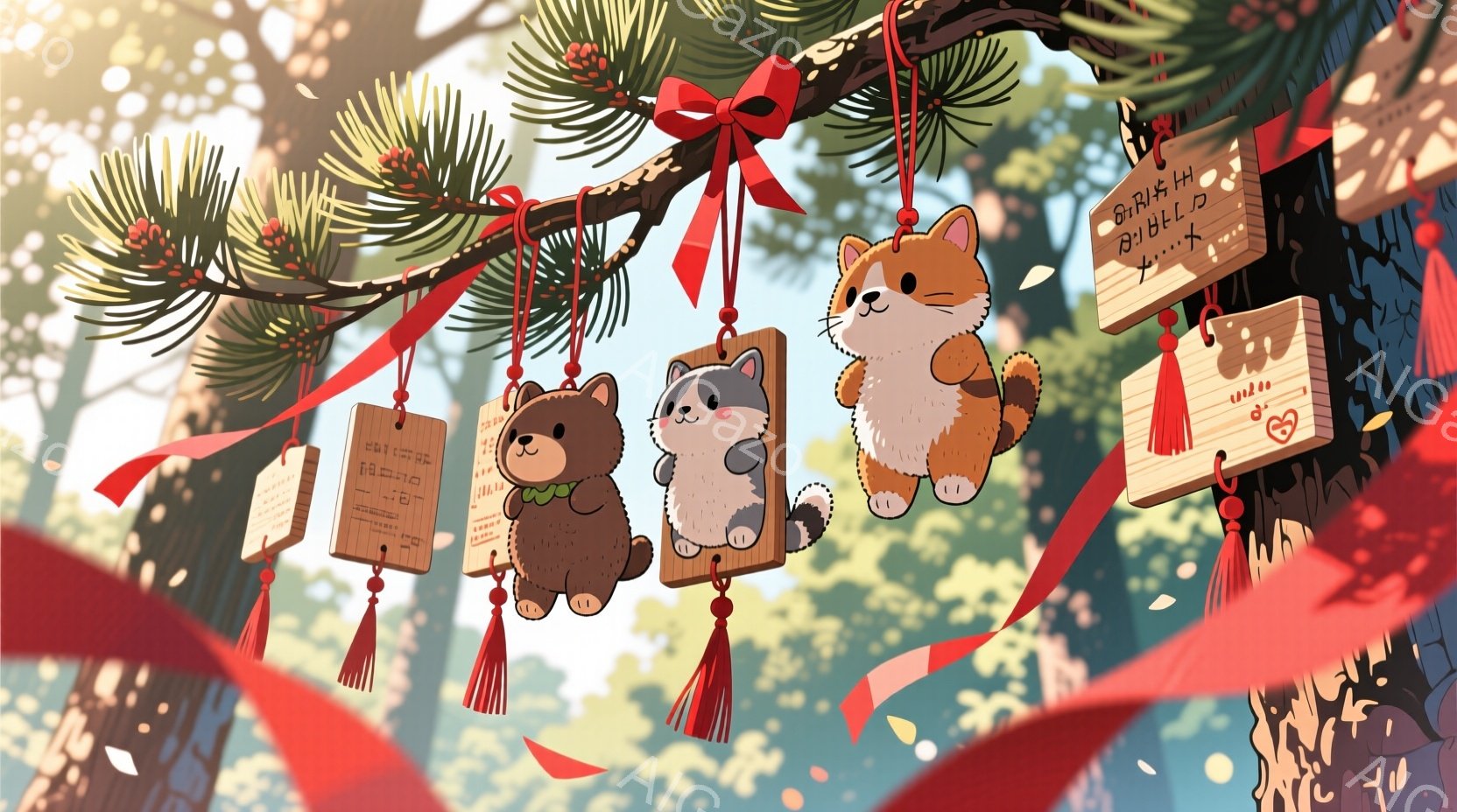 木に吊るされた小さな木札（絵馬）が複数描かれています。それぞれの絵馬には、可愛らしい動物のイラストが描かれており、猫、熊、ウサギが描かれています。背景には、ぼやけた緑の木々と、柔らかな光が差し込む自然の風景が広がっており、暖かく優しい雰囲気が漂っています。