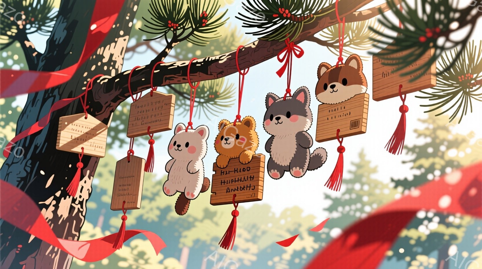 赤い紐で結ばれた絵馬が桜の木に吊るされています。絵馬には可愛らしい動物たちが描かれており、それぞれ異なる表情をしています。背景には桜の花びらが舞い、春の穏やかな雰囲気が漂っています。