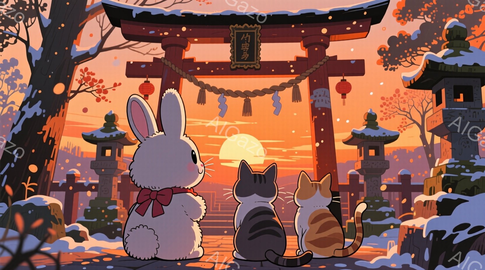 暖色系の夕焼けを背景に、可愛らしい動物たちが並んでいます。白いウサギは赤いリボンをつけており、横にはグレーとオレンジの縞模様の猫が並んで座り、皆で空に沈む夕日を見ているようです。背景には鳥居や灯籠が立 - AI生成フリー素材