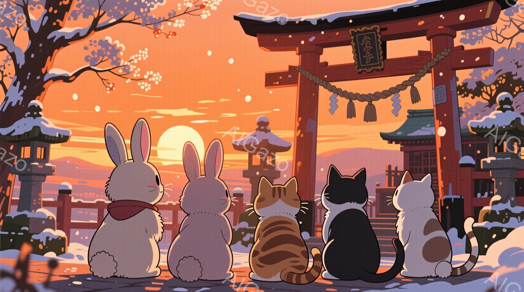 雪が舞う夕暮れ時に、四匹の動物たちが並んで鳥居を見上げています。一番左は赤いマフラーを巻いた茶色のウサギ、次が白いウサギ、その隣が縞模様の茶トラ猫、中央は黒猫、一番右は白と茶色の猫で、それぞれ後ろ姿しか見えません。背景には、雪を被った灯籠や神社、そして夕焼け空が広がり、静かで穏やかな雰囲気を醸し出しています。