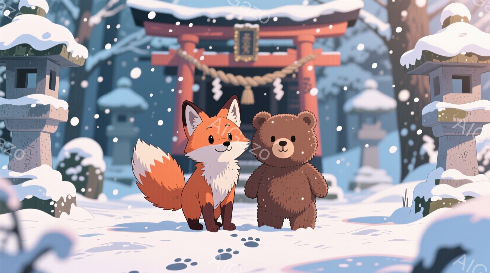 鮮やかなオレンジ色の狐と茶色い熊が雪景色の中で並んで立っています。狐は自信に満ちた表情で、熊は少し控えめな様子で、足跡が残る雪の上を歩いているようです。背景には赤い鳥居と雪を被った石灯籠があり、冬の静 - AI生成フリー素材
