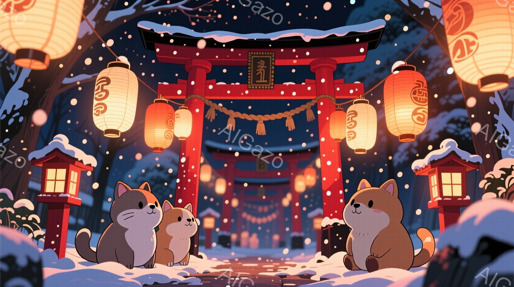 雪が降る中、朱色の鳥居が印象的な冬の風景です。三匹の柴犬が鳥居の前に座り、穏やかな表情で何かを見つめています。背景には提灯が灯り、雪景色の中に温かい光が差し込み、静かで幻想的な雰囲気を醸し出しています - AI生成フリー素材