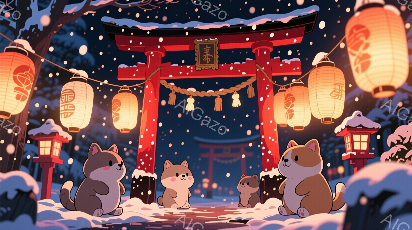 雪が降る夜の風景で、赤い鳥居が印象的です。四匹の柴犬が鳥居の下に並んで座っており、それぞれ可愛らしい表情をしています。背景には日本の伝統的な建物が見え、全体的に温かく、幻想的な雰囲気が漂っています。