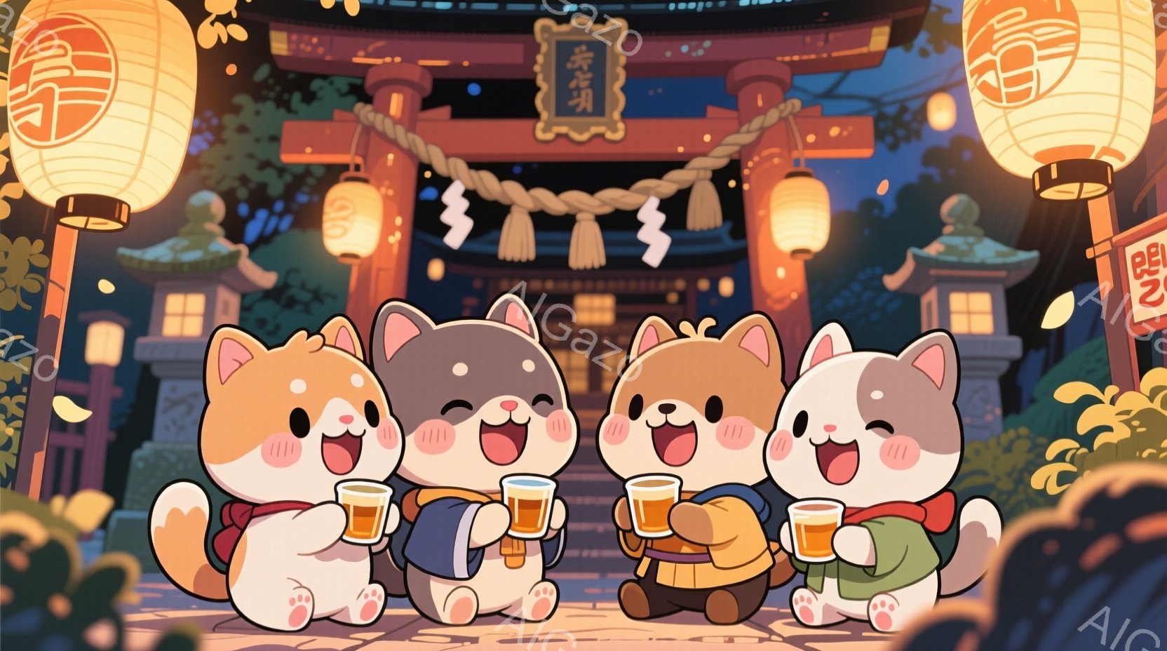 可愛らしい子犬たちが、日本の伝統的な建物、おそらく寺院の前で並んでいます。彼らはそれぞれ小さな手で飲み物を手に持ち、楽しそうに微笑んでいます。背景には提灯が灯り、寺院の屋根や木々が描かれ、夜の静かで穏やかな雰囲気を醸し出しています。