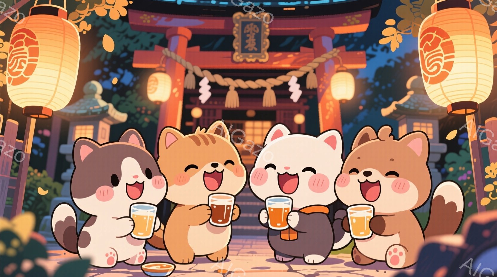 提灯が飾られた寺院の前に、ビールグラスを持った猫のキャラクターが四匹並んで描かれています。猫たちは皆、楽しそうな笑顔で、片手を挙げてビールを掲げています。背景には寺院の建物と緑豊かな木々が見え、夜の賑やかな祭りの雰囲気が漂っています。