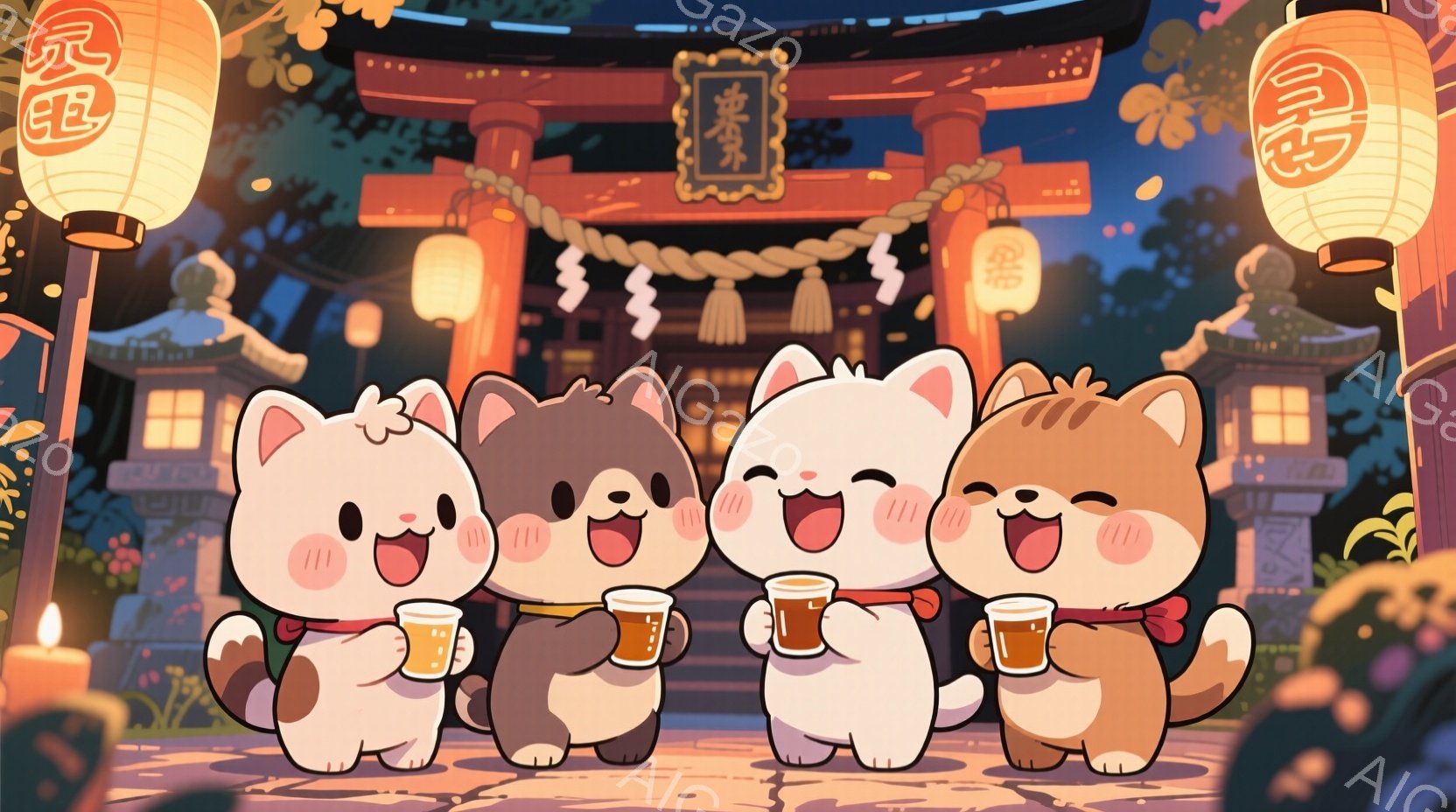 可愛らしい猫のキャラクターが4匹、それぞれ手にビールの入ったジョッキを持って並んでいます。猫たちは赤い帯を締めており、笑顔で楽しんでいる様子が伺えます。背景には、提灯が灯された神社の鳥居や建物があり、夜の落ち着いた雰囲気を醸し出しています。