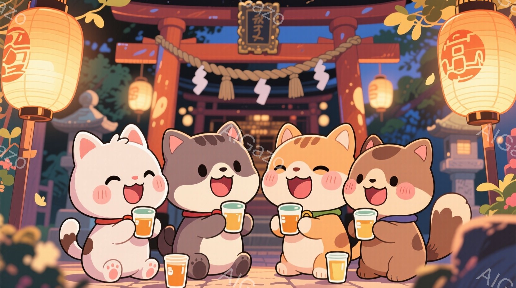 かわいい子猫たちが、それぞれグラスに入った飲み物を手に、楽しそうに立っています。背景には日本の伝統的な建物と提灯が並び、お祭りや夏の夜祭のような賑やかな雰囲気が漂っています。全体的に暖色系の色使いで、幸福感と楽しさを表現しています。
