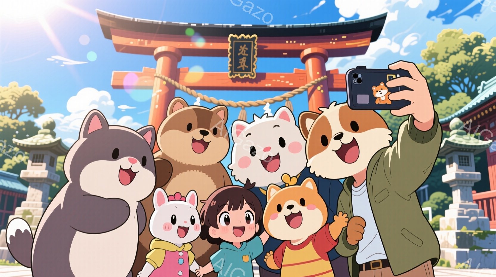 鮮やかな青空の下、複数の動物たちが女の子と一緒に写っている。女の子は短い茶色の髪で、水色のセーターとオレンジ色の縞模様のシャツを着ており、笑顔で動物たちに囲まれている。背景には赤い鳥居と伝統的な寺院建築が見え、天候は晴れで、全体的に明るく楽しい雰囲気である。