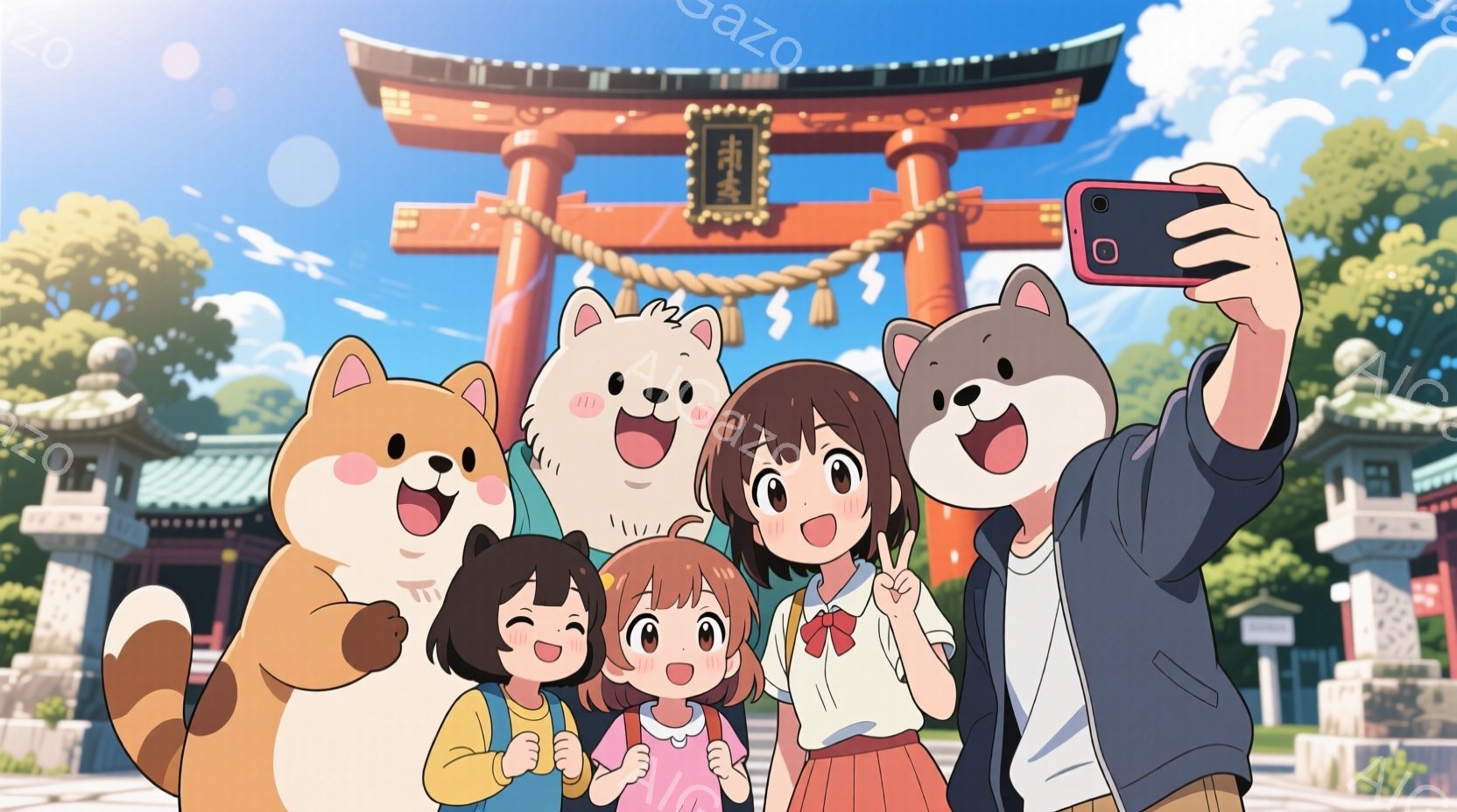 複数のキャラクターが神社で自撮りしている様子が描かれています。茶髪の女性はデニムジャケットを着て笑顔でピースサインをしており、隣には赤いリボンをつけた茶色の髪の少女と、黄色い服を着た幼い少女がいます。背景には鮮やかな朱色の鳥居と緑豊かな木々が見え、晴天の下、明るく楽しい雰囲気が漂っています。