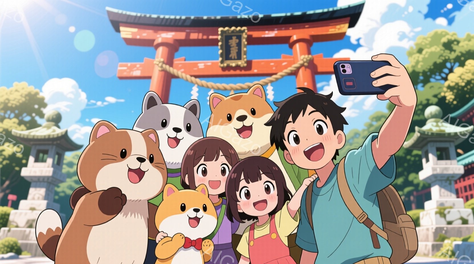 鮮やかな青空の下、複数のキャラクターが赤い鳥居の前で集合写真をとっています。少年は肩にリュックを背負い、女の子はオレンジ色のオーバーオールを着て、皆笑顔でカメラに向かってポーズを取っています。背景には伝統的な日本の建造物と緑豊かな木々が見え、明るく楽しい雰囲気が漂っています。