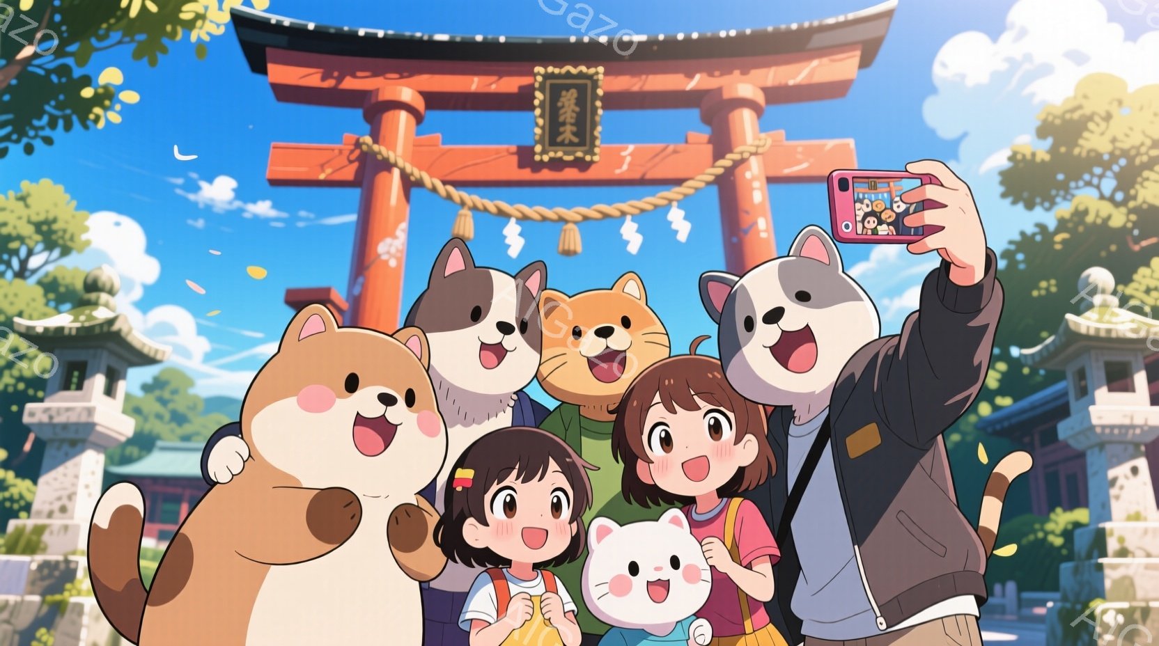 鮮やかな朱色の鳥居を背景に、複数の猫と人々が集合写真の撮影をしているイラストです。人々はカジュアルな服装で、笑顔を浮かべ、猫たちはそれぞれ愛らしい表情でポーズをとっています。背景には、緑豊かな木々や伝統的な寺院建築が見え、晴天の下、賑やかで温かい雰囲気が漂っています。