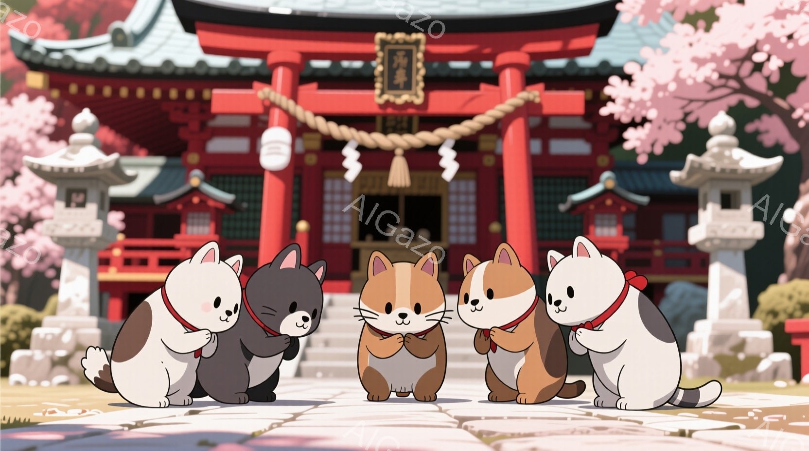 寺院の前で祈るように膝をついている5匹の愛らしい猫たちが描かれています。猫たちはそれぞれ異なる毛色で、赤い首輪をつけており、皆同じように微笑んで祈る姿勢をとっています。背景には、鮮やかな赤色の寺院、石灯籠、そして桜の花びらが舞う穏やかな春の風景が広がっており、全体的に温かく、平和な雰囲気を醸し出しています。