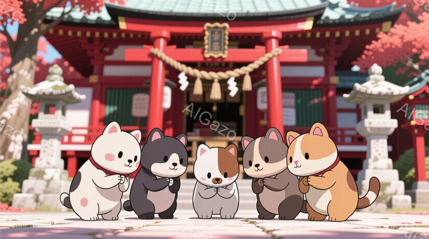 赤色の神社の階段に並んだ、様々な毛色の柴犬たちが描かれています。彼らは皆、手を合わせて祈るポーズをとっており、可愛らしい表情をしています。背景には、鮮やかな朱色の社殿と、石灯籠、そして落ち葉が散らばる様子が描かれ、穏やかで温かい雰囲気を醸し出しています。