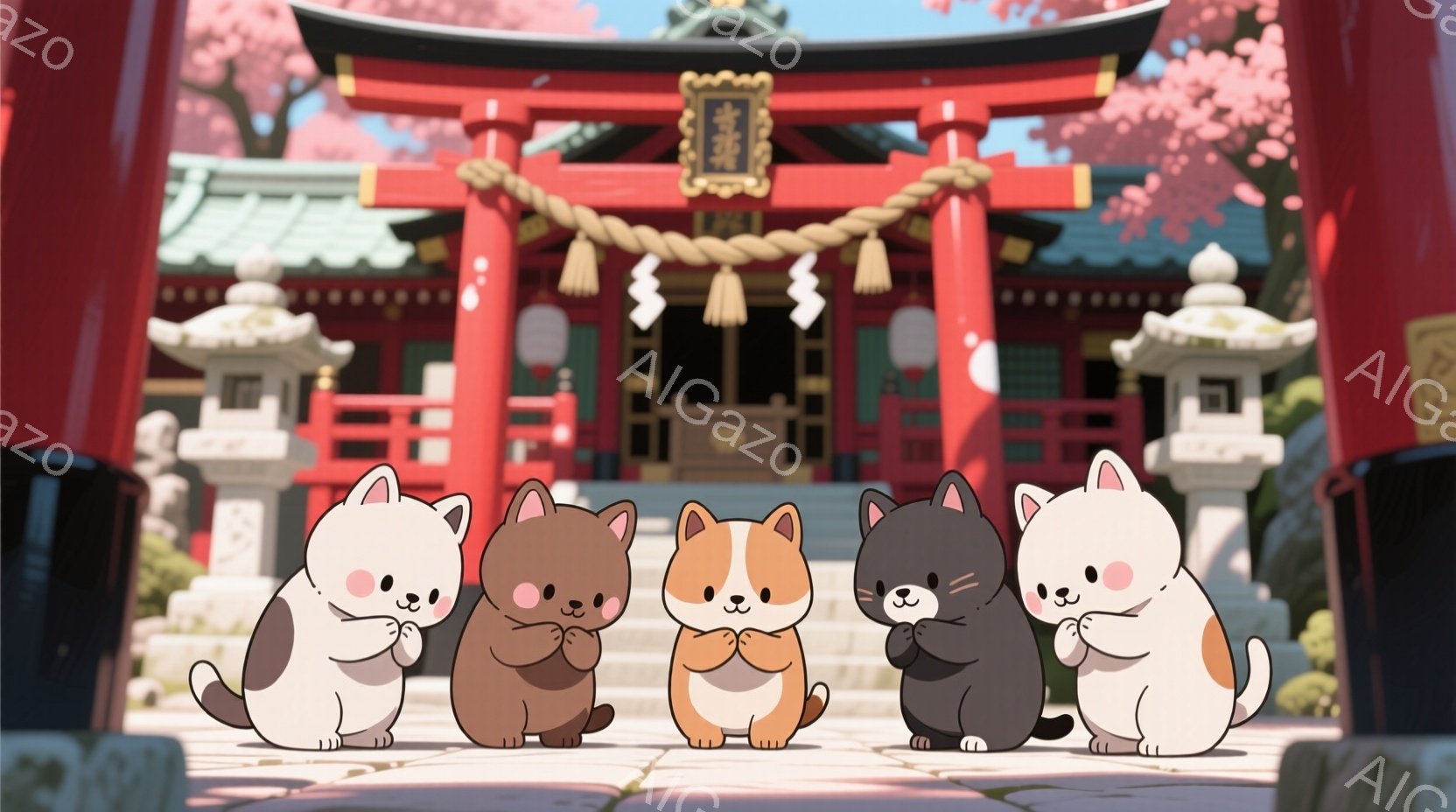 可愛らしい猫たちが一列に並んで祈るような姿勢をとっています。背景には、鮮やかな朱色の神社と、桜の花びらが舞う春の風景が広がっており、穏やかで優しい雰囲気を醸し出しています。猫たちはそれぞれ異なる毛色で、丸いフォルムとつぶらな瞳が特徴的です。