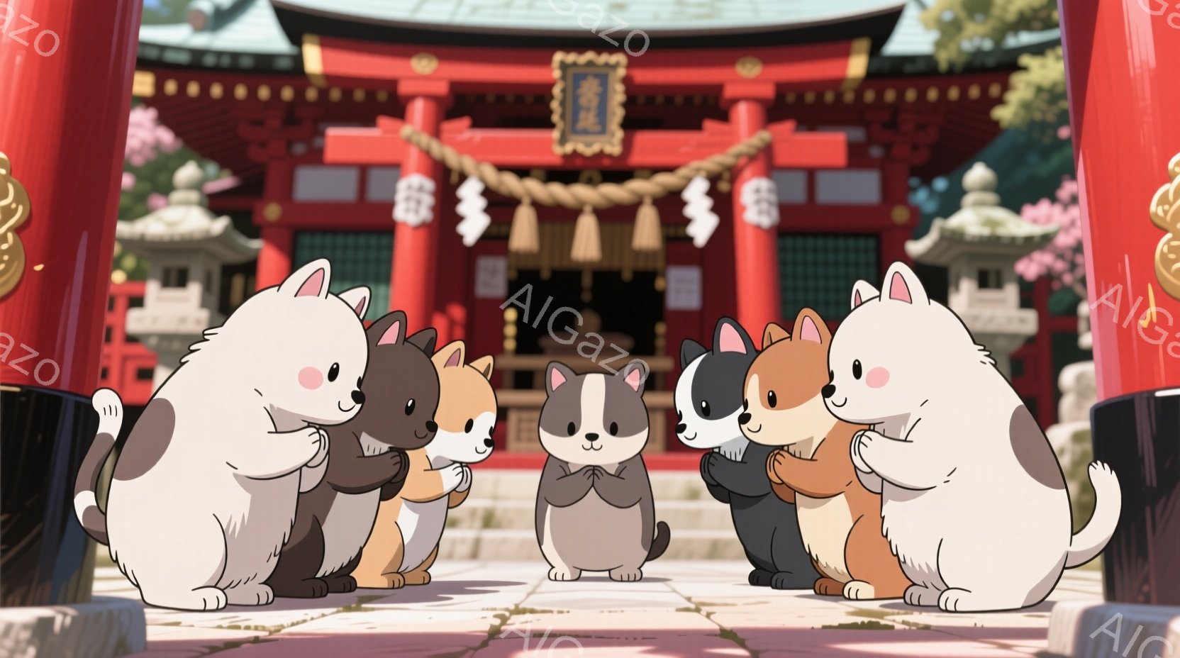 赤い寺院の前で集まった猫たちが描かれています。猫たちは皆、それぞれの毛色を持ち、正面を向いて何かを期待しているような表情をしています。背景には、伝統的な建築様式の寺院があり、穏やかな日差しが降り注いでいます。
