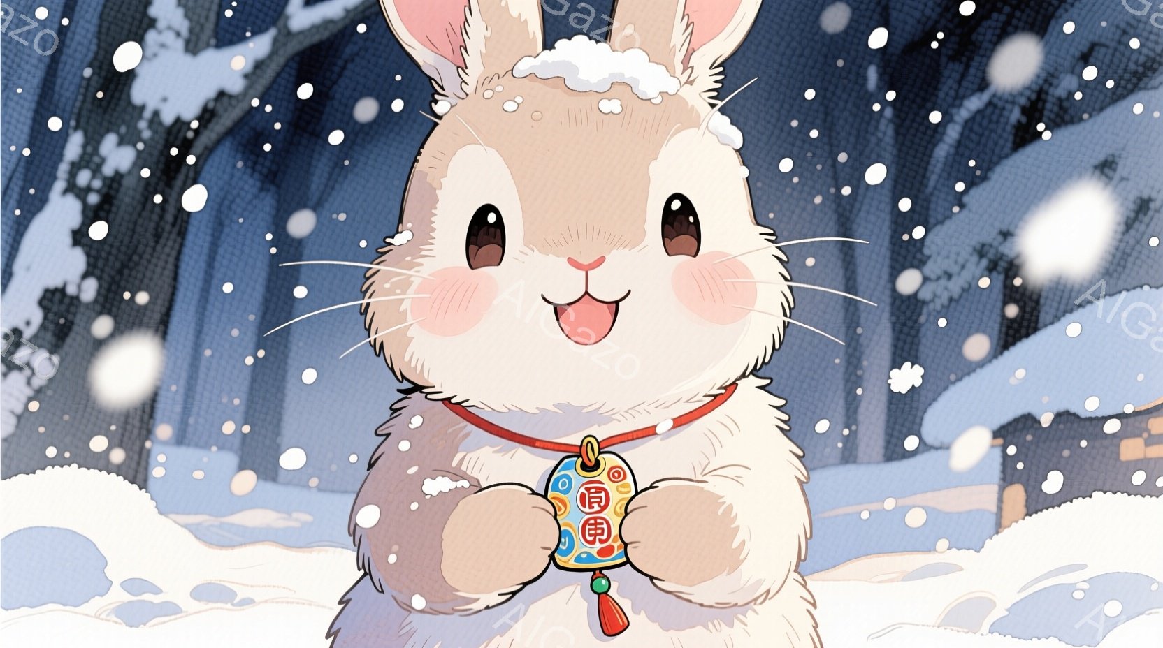 白いウサギが正面を向いて立っており、可愛らしい表情をしています。赤い首輪には、漢字が書かれた青い飾り下げがついています。背景は雪景色で、遠くにぼやけた木々が見え、全体的に暖かく、お祝いの雰囲気が漂っています。
