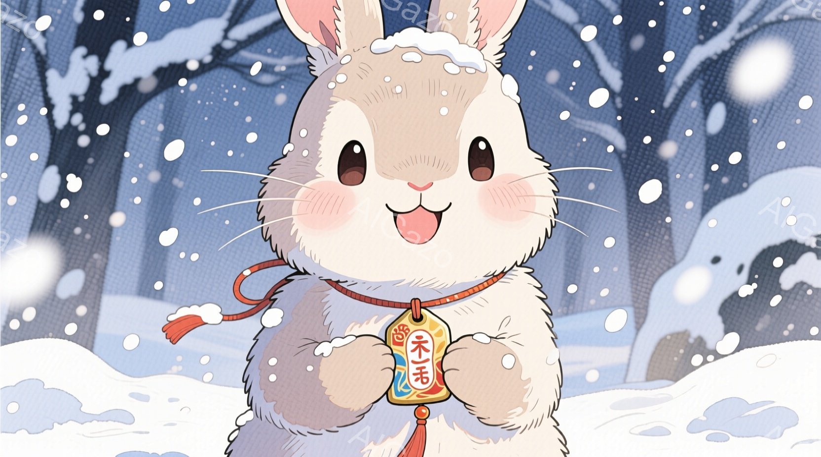 白いウサギが雪景色の中で、赤い紐についた「大吉」と書かれたお守りを両手で抱えています。ウサギは丸い頬を赤らめ、笑顔で、少し寒そうに毛皮で体を覆っています。背景は雪に覆われた木々で、冬の静かで穏やかな雰囲気を醸し出しています。