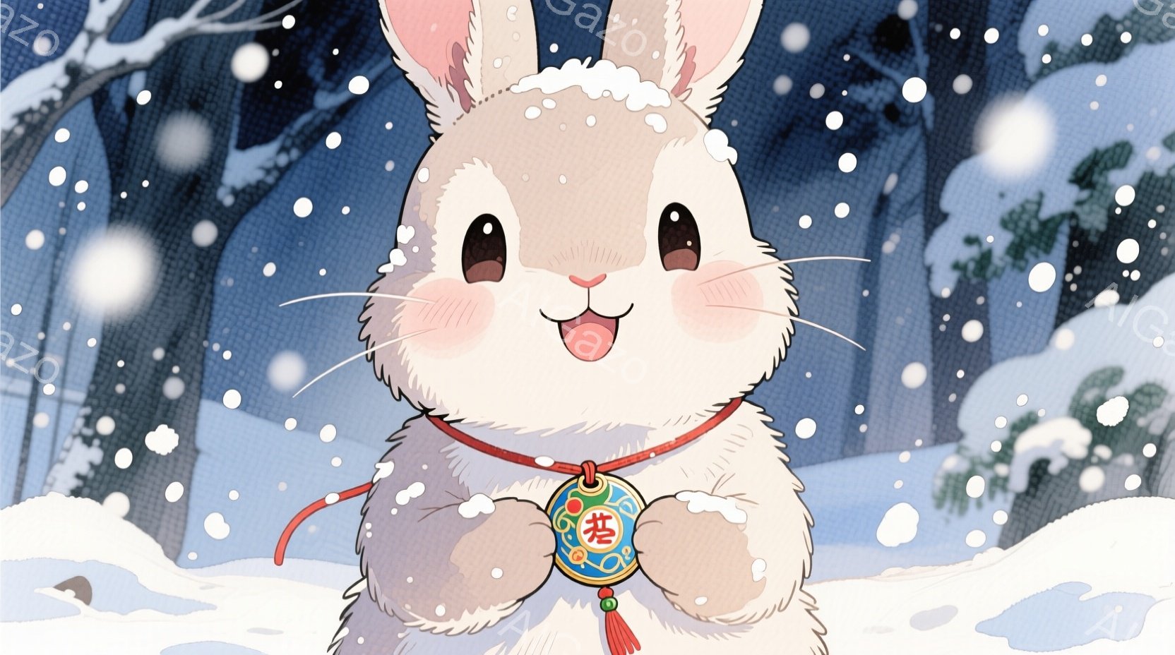 白い毛並みのうさぎが、赤い紐についた飾りを胸元に付け、雪景色の中で両手を組んで微笑んでいます。背景には雪で覆われた木々が描かれており、降り積もる雪が冬の静けさを演出しています。全体的に、暖かく可愛らし - AI生成フリー素材