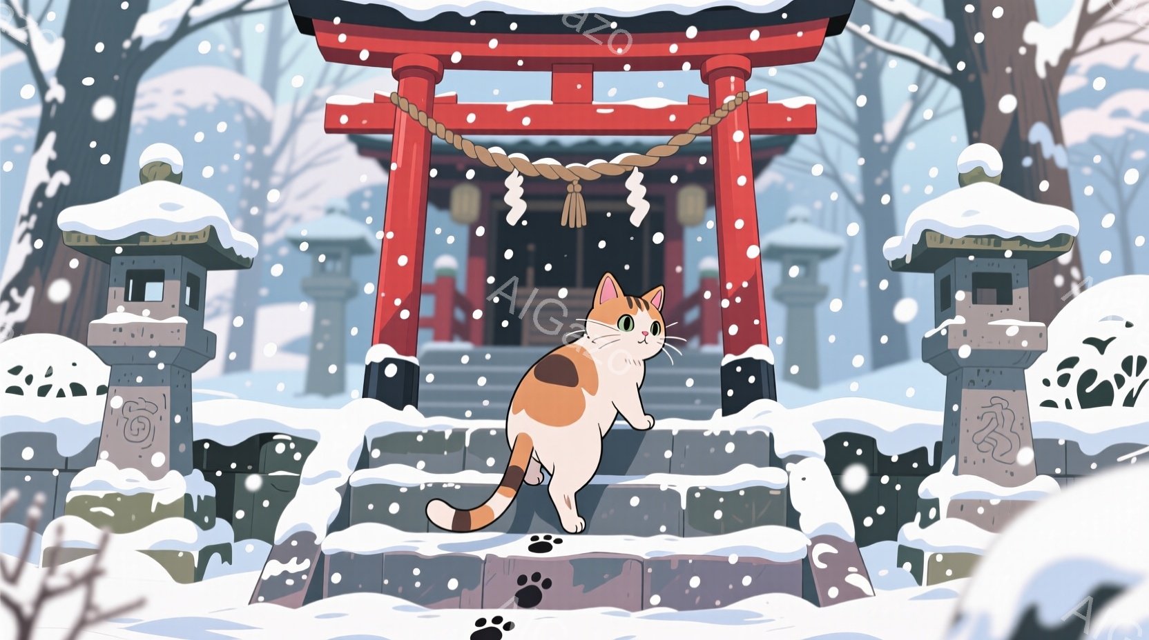 白とオレンジ色の模様の猫が、雪景色の中の神社へと続く石段で下りてくる様子が描かれています。雪は静かに降り積もり、神社の赤い鳥居と石灯籠が冬の風景に鮮やかなコントラストを添えています。猫は前足を一歩踏み出し、好奇心と安らぎに満ちた表情で、穏やかな雰囲気を醸し出しています。