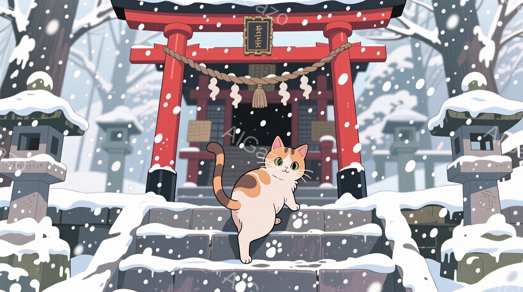 雪が降る中で、朱色の鳥居の石段でオレンジと白の猫が正面を向いて立っている。猫は好奇心旺盛な表情で、少し足を踏み出しているように見える。背景には、雪で覆われた石灯籠や伝統的な建物があり、静かで幻想的な冬の雰囲気が漂っている。